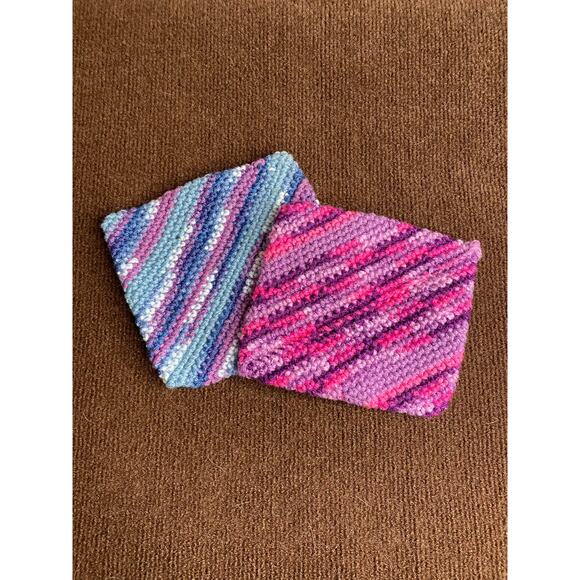 Hand Knit Hot Pads Dish Cloths Lot of 2 Pink Purple Square Double Layer - Picture 2 of 5
